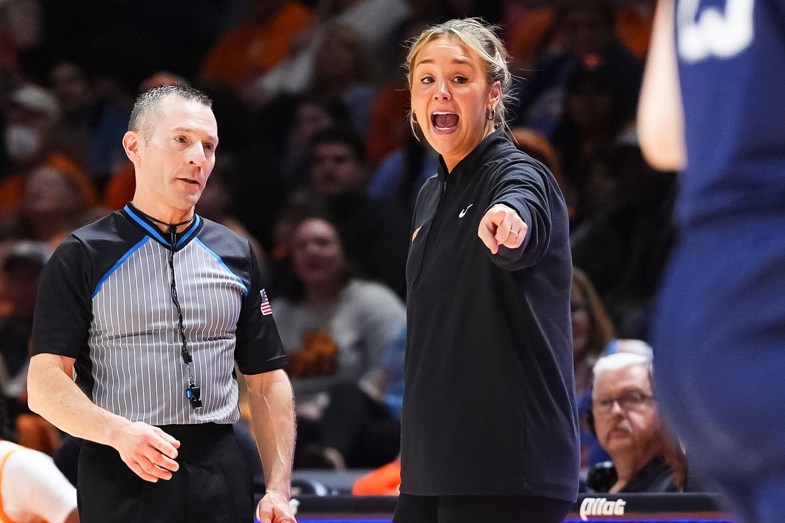 Tennessee head coach Kim Caldwell argues for a call during a women's college basketball game between the Lady Vols and UConn at Thompson-Boling Arena at Food City Center in Knoxville on Thursday, February 6, 2025.