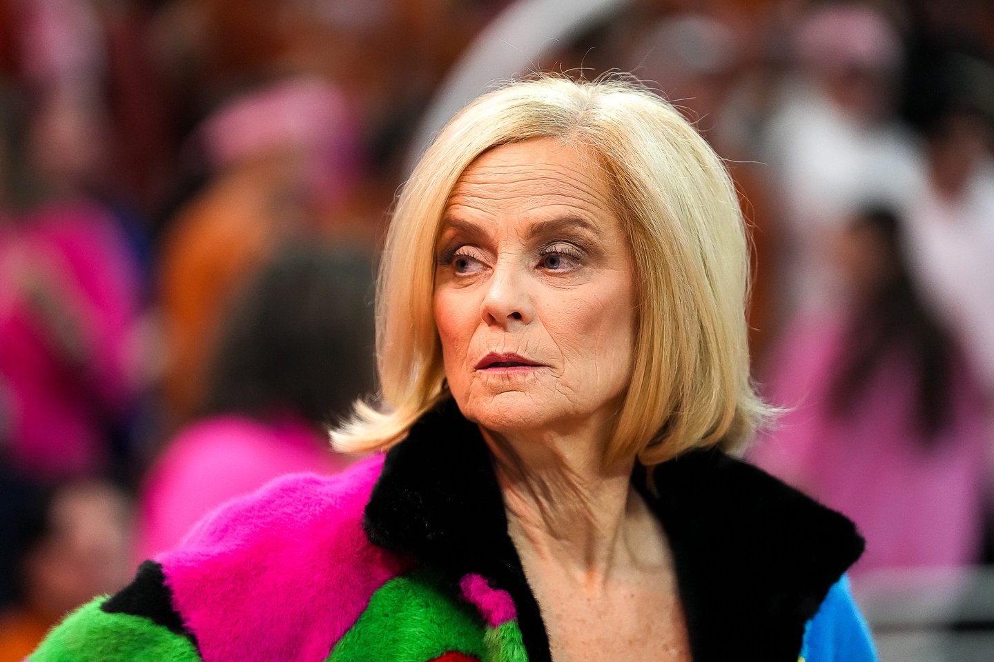 LSU head coach Kim Mulkey walks the court ahead of the game against the Texas Longhorns at the Moody Center on Sunday, Feb. 16, 2025.