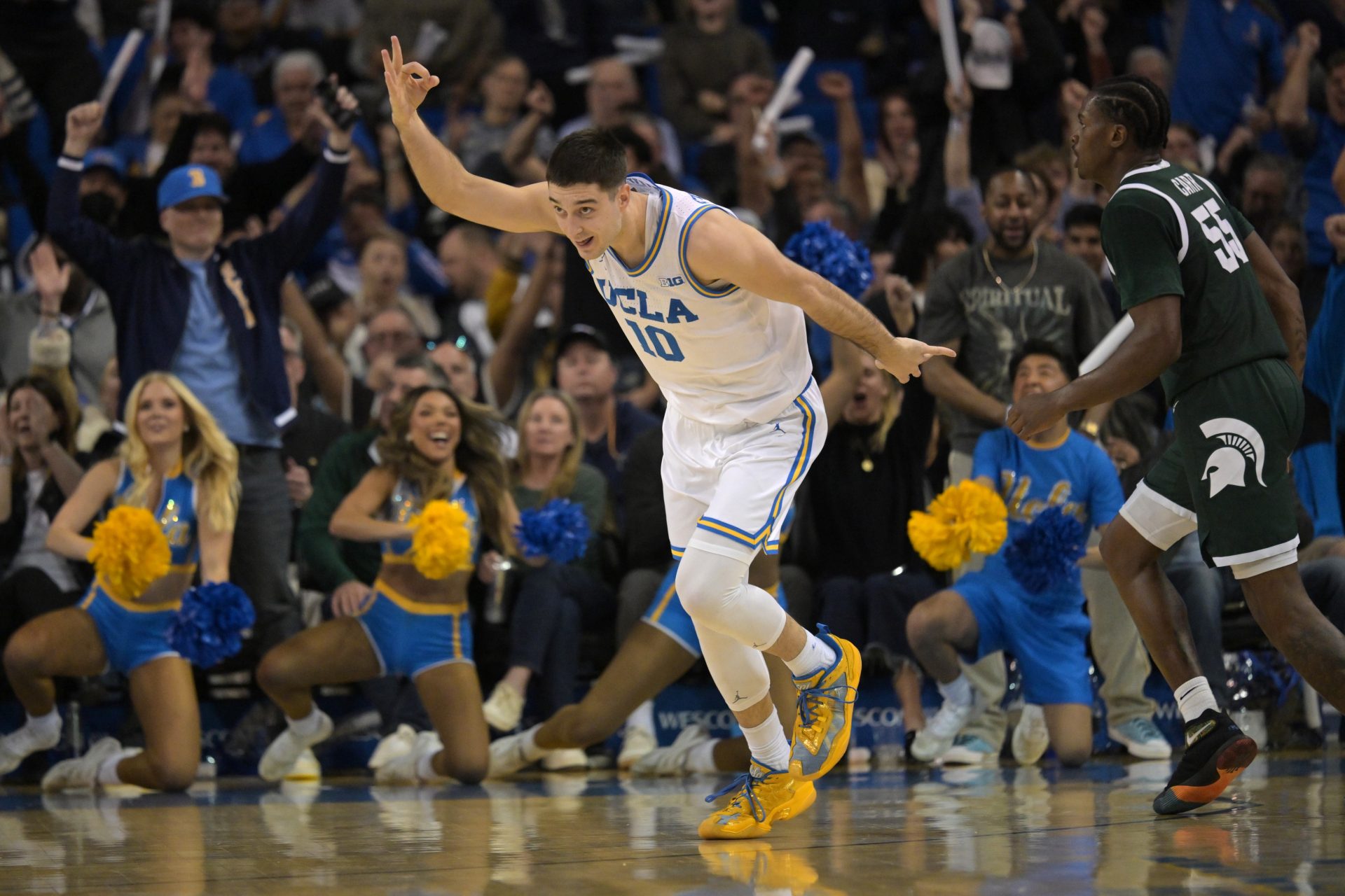 UCLA Bruins guard Lazar Stefanovic (10) celebrates after a 3-point basket late in the second half Michigan State Spartans at Pauley Pavilion presented by Wescom.