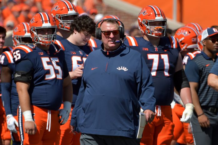 Illinois Fighting Illini head coach Bret Bielema on the sidelines during the second half against the Central Michigan Chippewas at Memorial Stadium.