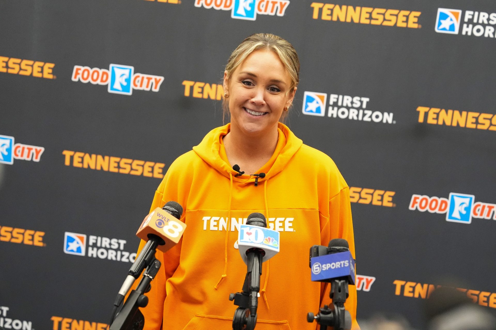 Tennessee Lady Vols basketball coach Kim Caldwell in her first news conference on Sunday, Jan. 26, 2025, in Knoxville, Tenn., after the birth of her son.