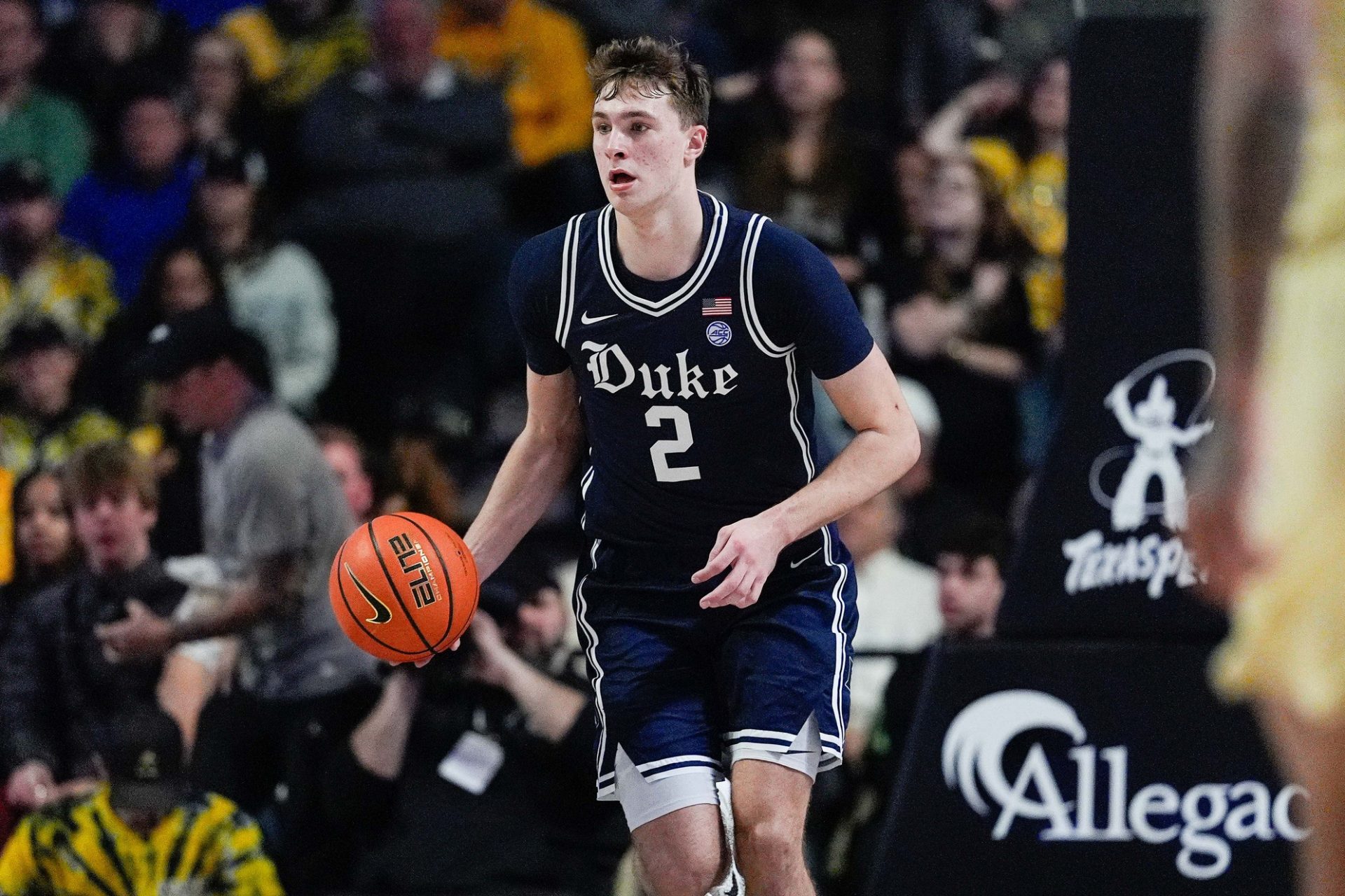 Duke Blue Devils guard Cooper Flagg (2) brings the ball up court against the Wake Forest Demon Deacons during the second half at Lawrence Joel Veterans Memorial Coliseum.