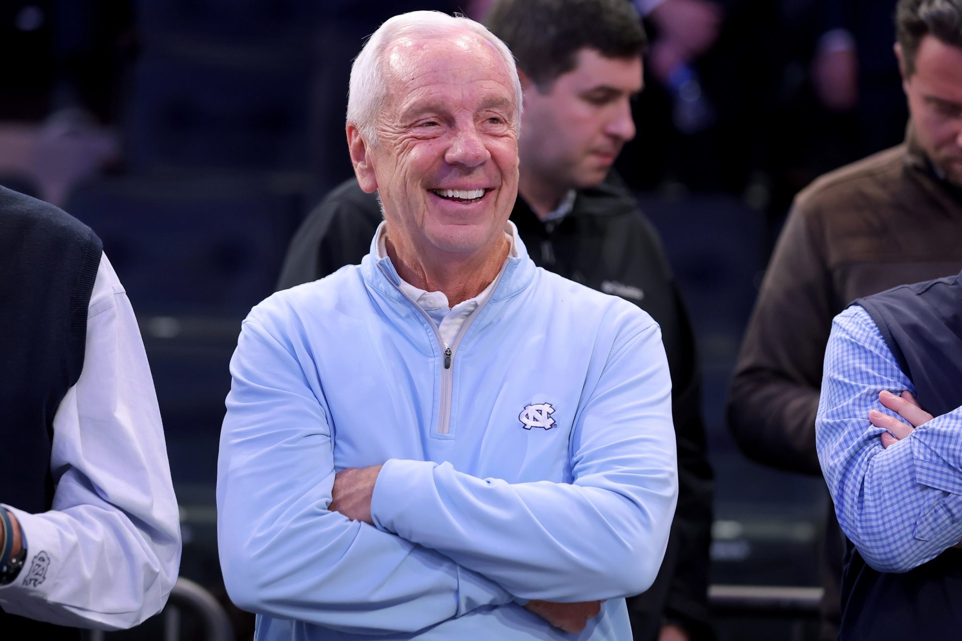 orth Carolina Tar Heels former head coach Roy Williams watches from the stands during halftime against the Connecticut Huskies at Madison Square Garden.