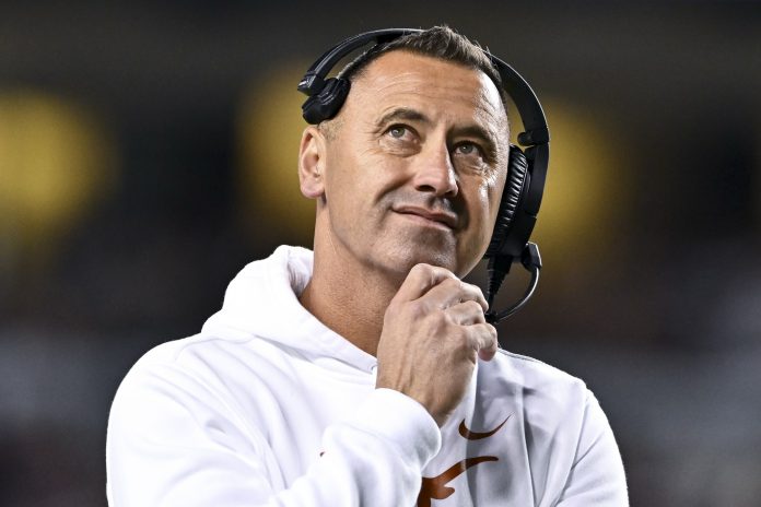 Texas Longhorns head coach Steve Sarkisian reacts during the second quarter against the Texas A&M Aggies. The Longhorns defeated the Aggies 17-7 at Kyle Field.