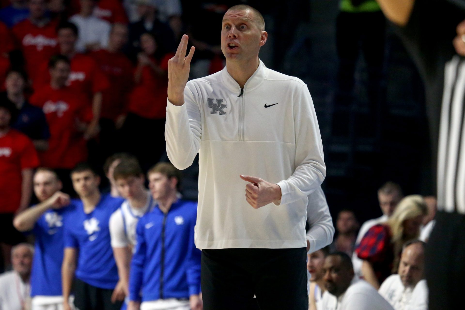 Kentucky Wildcats head coach Mark Pope gives direction during the first half against the Mississippi Rebels at The Sandy and John Black Pavilion at Ole Miss.