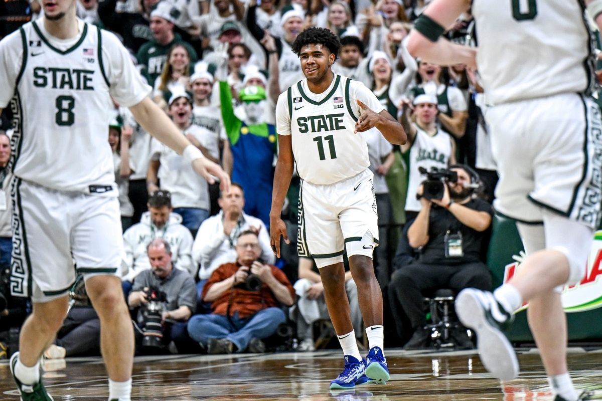 Michigan State's Jase Richardson celebrates a 3-pointer against Purdue during the first half on Tuesday, Feb. 18, 2025, at the Breslin Center in East Lansing.