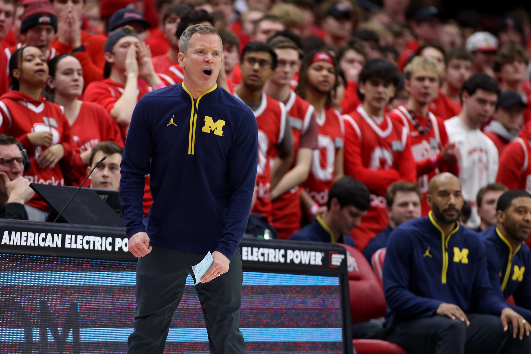 Michigan Wolverines head coach Dusty May reacts to a call during the first half against the Ohio State Buckeyes at Value City Arena.