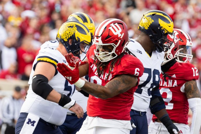 Indiana Hoosiers defensive lineman Mikail Kamara (6) celebrates his tackle in the first quarter against the Michigan Wolverines at Memorial Stadium.