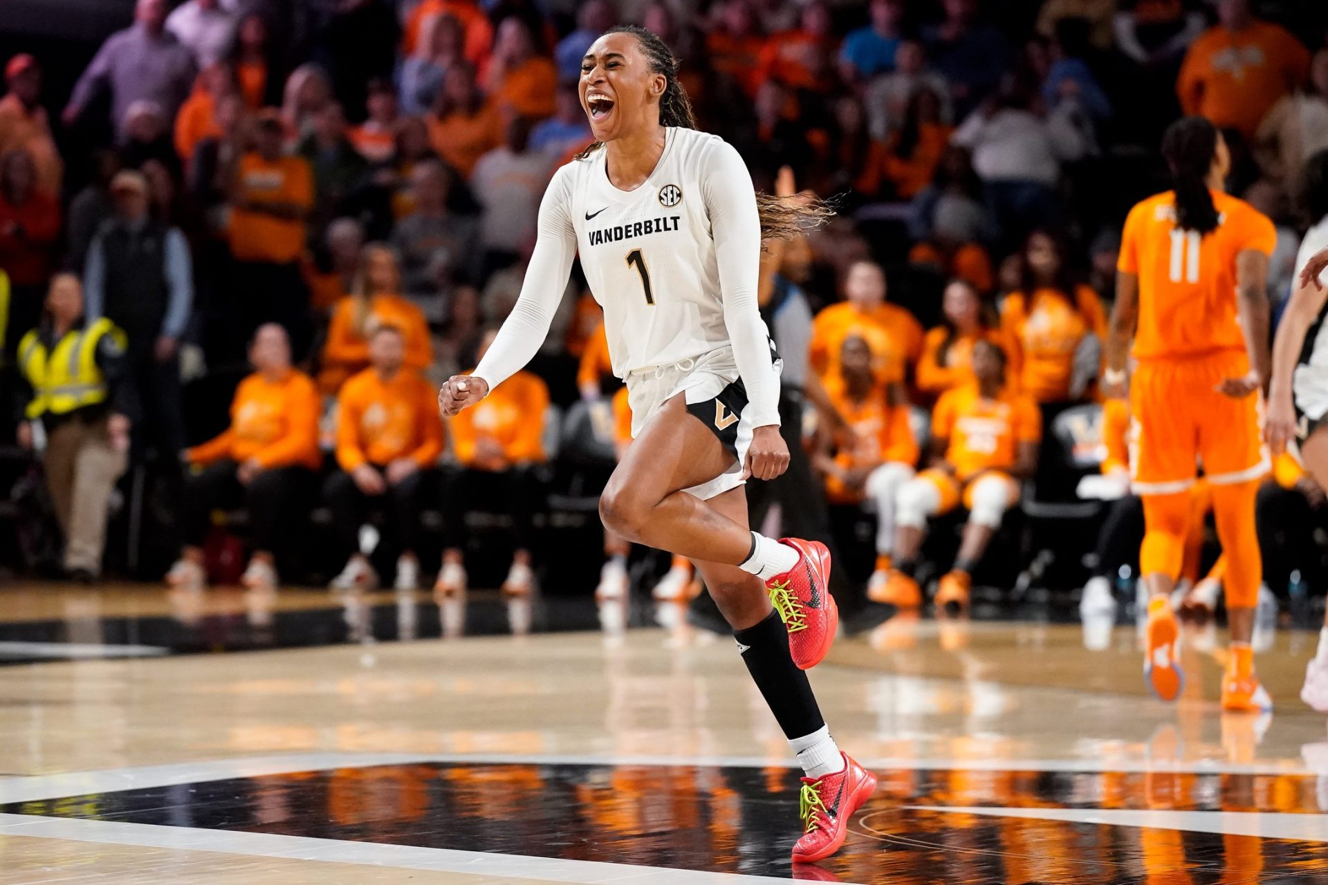 Vanderbilt guard Mikayla Blakes (1) celebrates after defeating Tennessee at Memorial Gym in Nashville, Tenn., Sunday, Jan. 19, 2025.