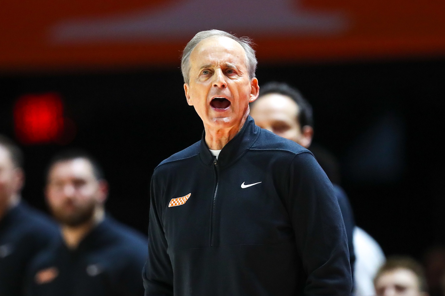 Tennessee Volunteers head coach Rick Barnes shouts to his team during the first half against the Florida Gators at Thompson-Boling Arena at Food City Center.