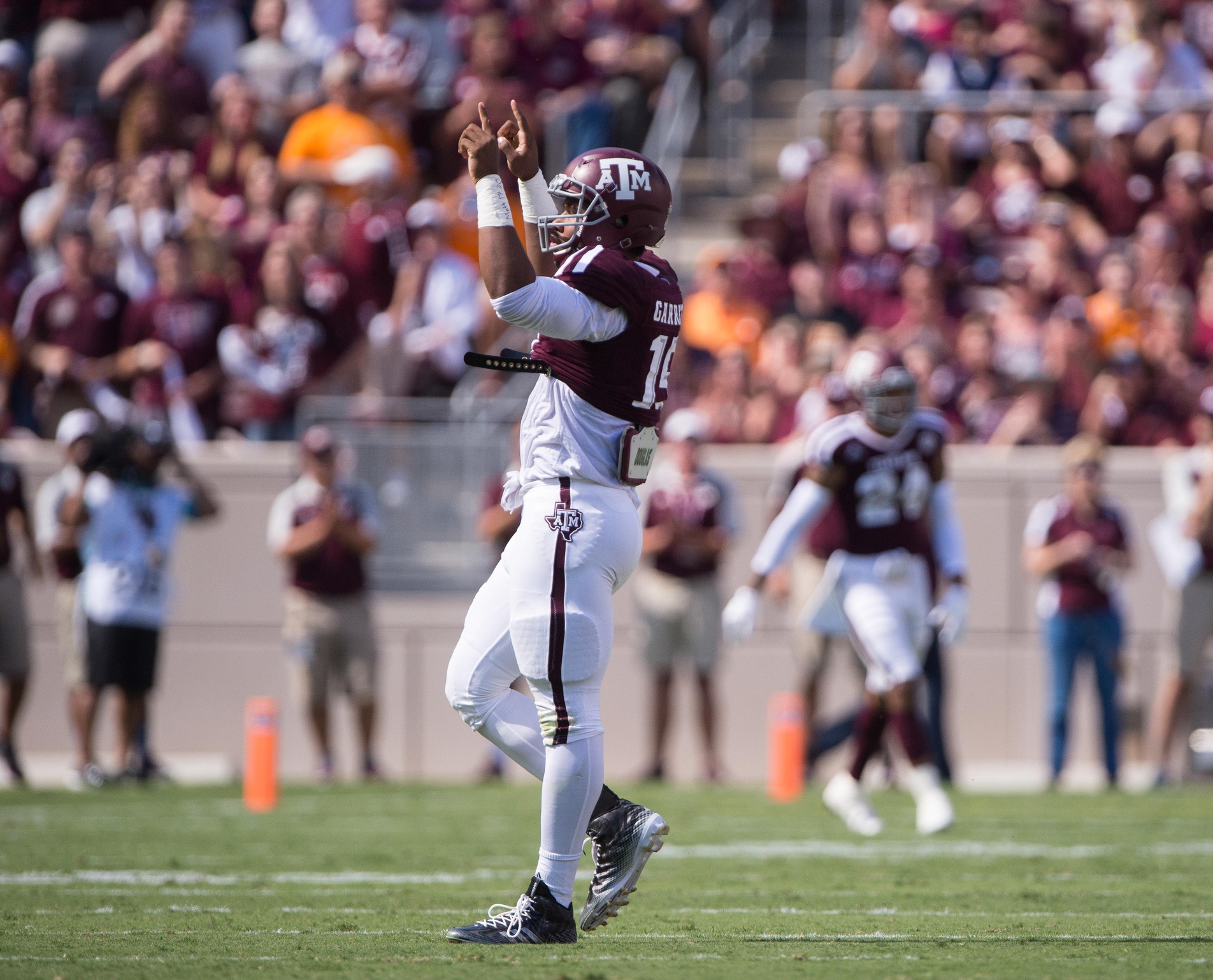 Texas A&M Aggies defensive lineman Myles Garrett (15) in action during the game against the Tennessee Volunteers at Kyle Field. The Aggies defeat the Volunteers 45-38 in overtime.