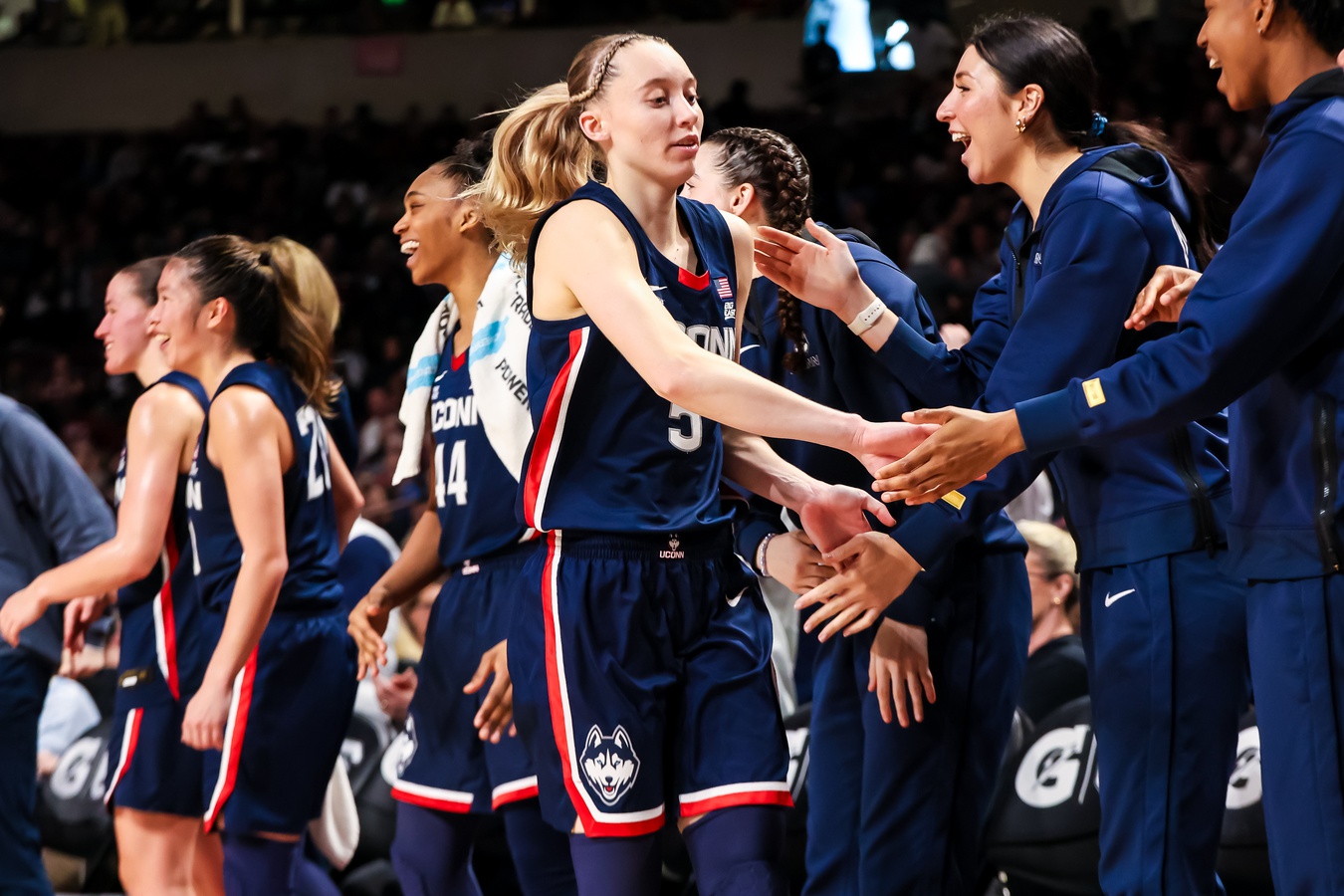 UConn Huskies guard Paige Bueckers (5) is congratulated after being pulled from the game against the South Carolina Gamecocks in the second half at Colonial Life Arena.