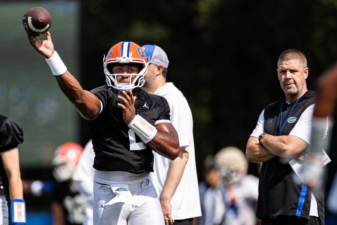 Florida Gators quarterback DJ Lagway (2) throws the ball during fall football practice at Heavener Football Complex at the University of Florida in Gainesville, FL on Wednesday, July 31, 2024. [Matt Pendleton/Gainesville Sun]