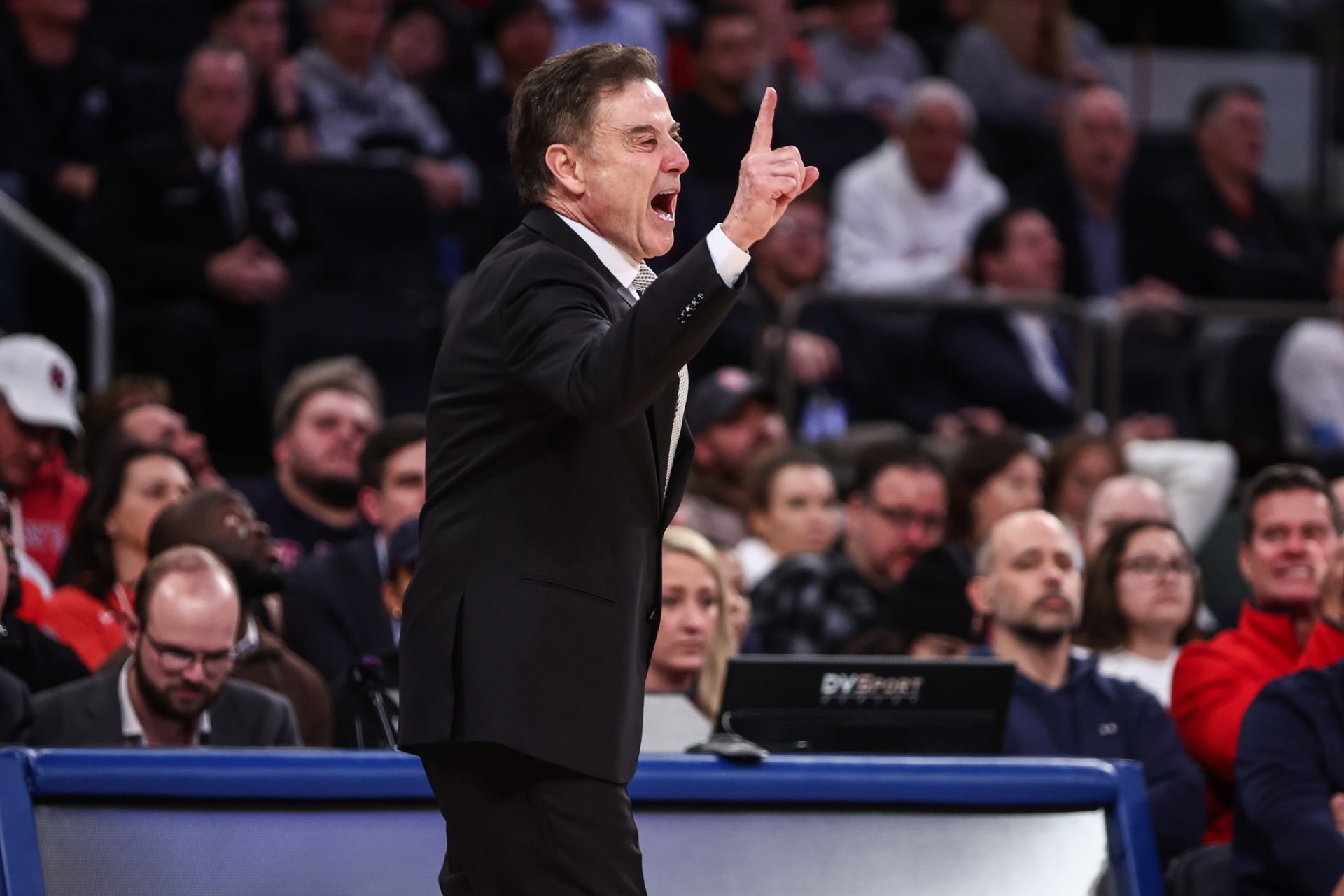 St. John's Red Storm head coach Rick Pitino yells out instructions in the second half against the Georgetown Hoyas at Madison Square Garden.