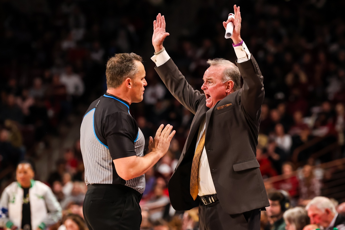 Texas Longhorns head coach Vic Shaefer disputes a call against the South Carolina Gamecocks in the first half at Colonial Life Arena.
