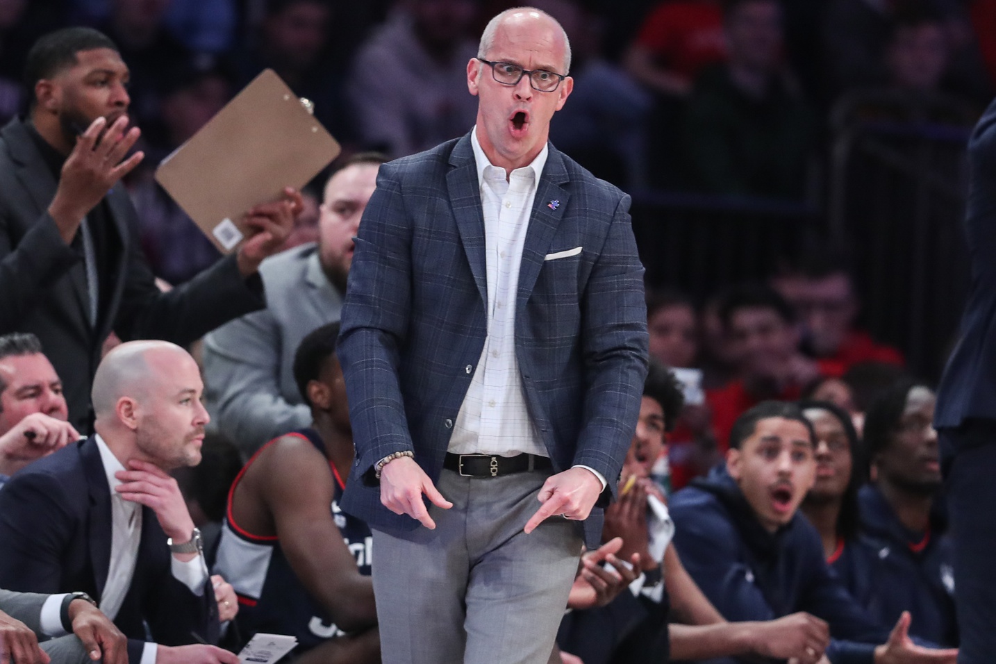 Connecticut Huskies head coach Dan Hurley reacts after a call in the first half against the St. John's Red Storm at Madison Square Garden.