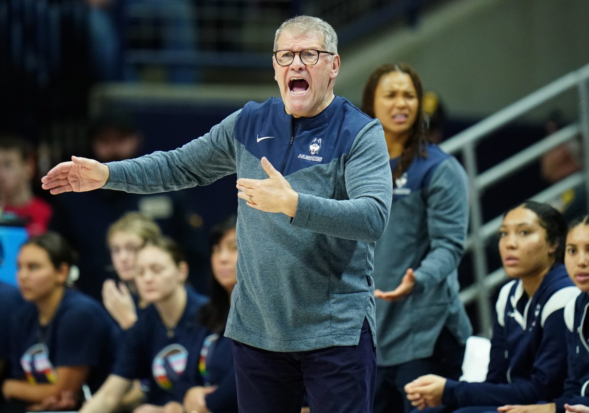 UConn Huskies head coach Geno Auriemma watches from the sideline as they take on the Butler Bulldogs at Harry A. Gampel Pavilion.