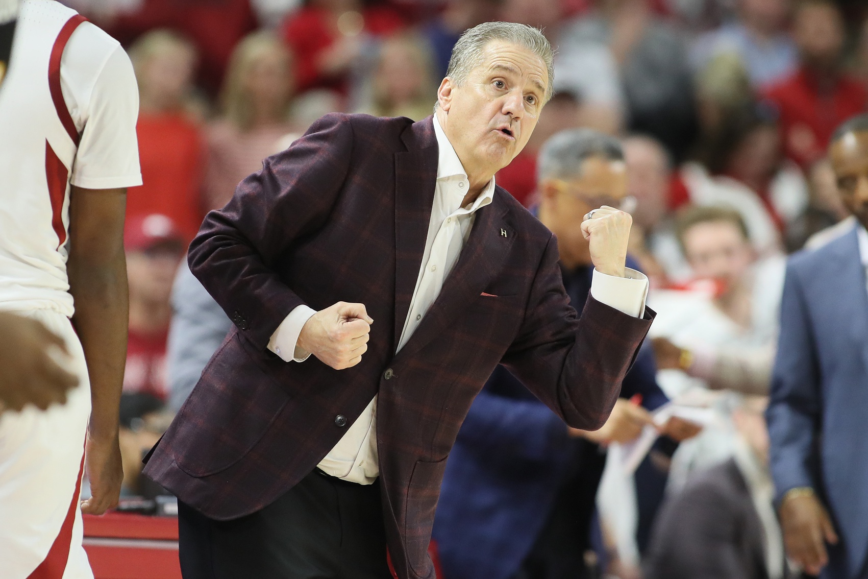 Arkansas Razorbacks head coach John Calipari gestures toward an official during the game against the Missouri Tigers at Bud Walton Arena.