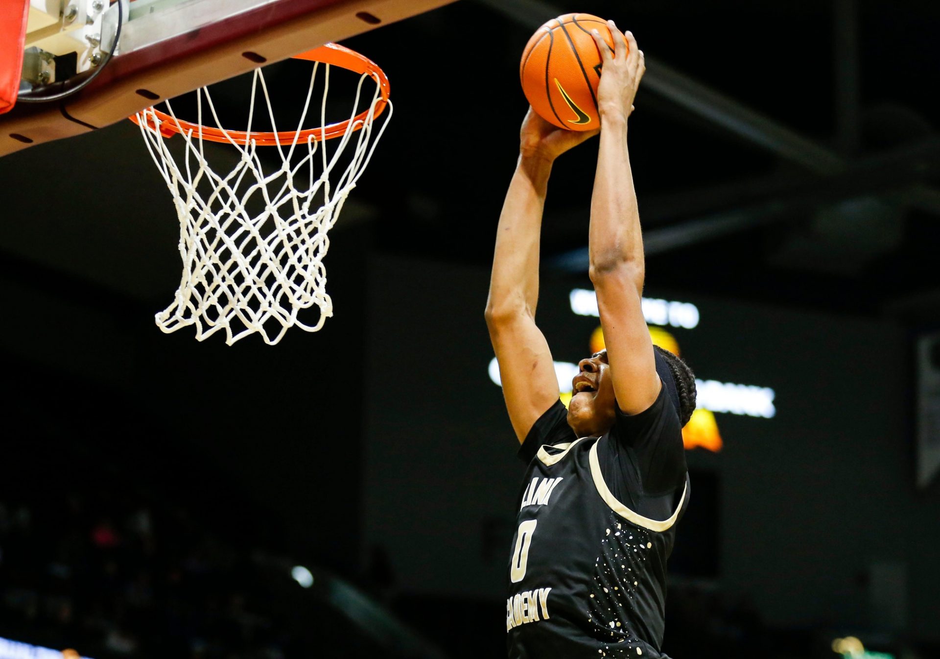 Link Academy's Chris Cenac Jr. dunks the ball as the Lions took on the Bullis Bulldogs (Maryland) in a semifinal game of the Bass Pro Tournament of Champions at Great Southern Bank Arena on Friday, Jan. 17, 2025.