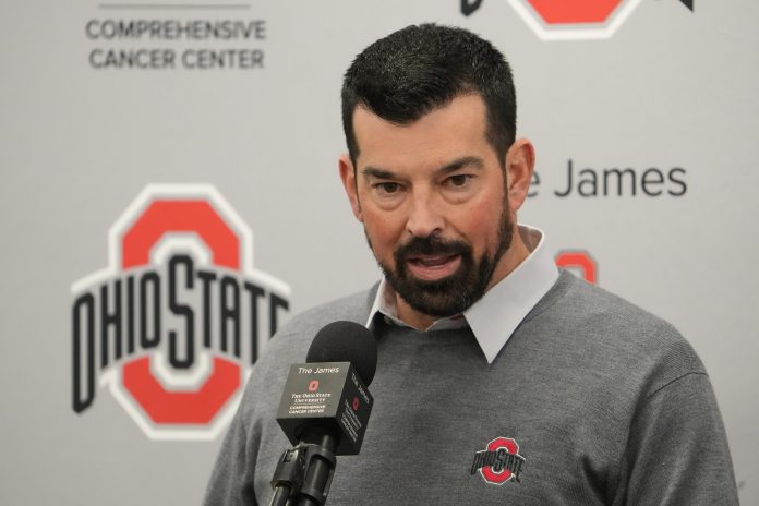 Ohio State University football coach Ryan Day talks with the media Wednesday, December 4, 2024 after the devastating loss to Michigan for the fourth straight year. The news conference was held in the Woody Hayes Athletic Center football team meeting room in Columbus.