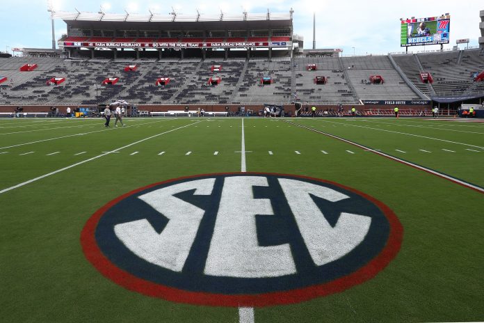 SEC logo on the field at Vaught-Hemingway Stadium before the game between the Georgia Southern Eagles and the Mississippi Rebels.