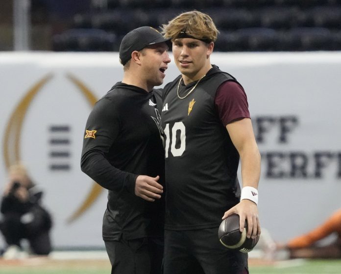 Arizona State quarterback Sam Leavitt (10) is greeted by head coach Kenny Dillingham before playing against Texas in the Chick-fil-A Peach Bowl on Jan 1, 2025, in Atlanta, Ga.