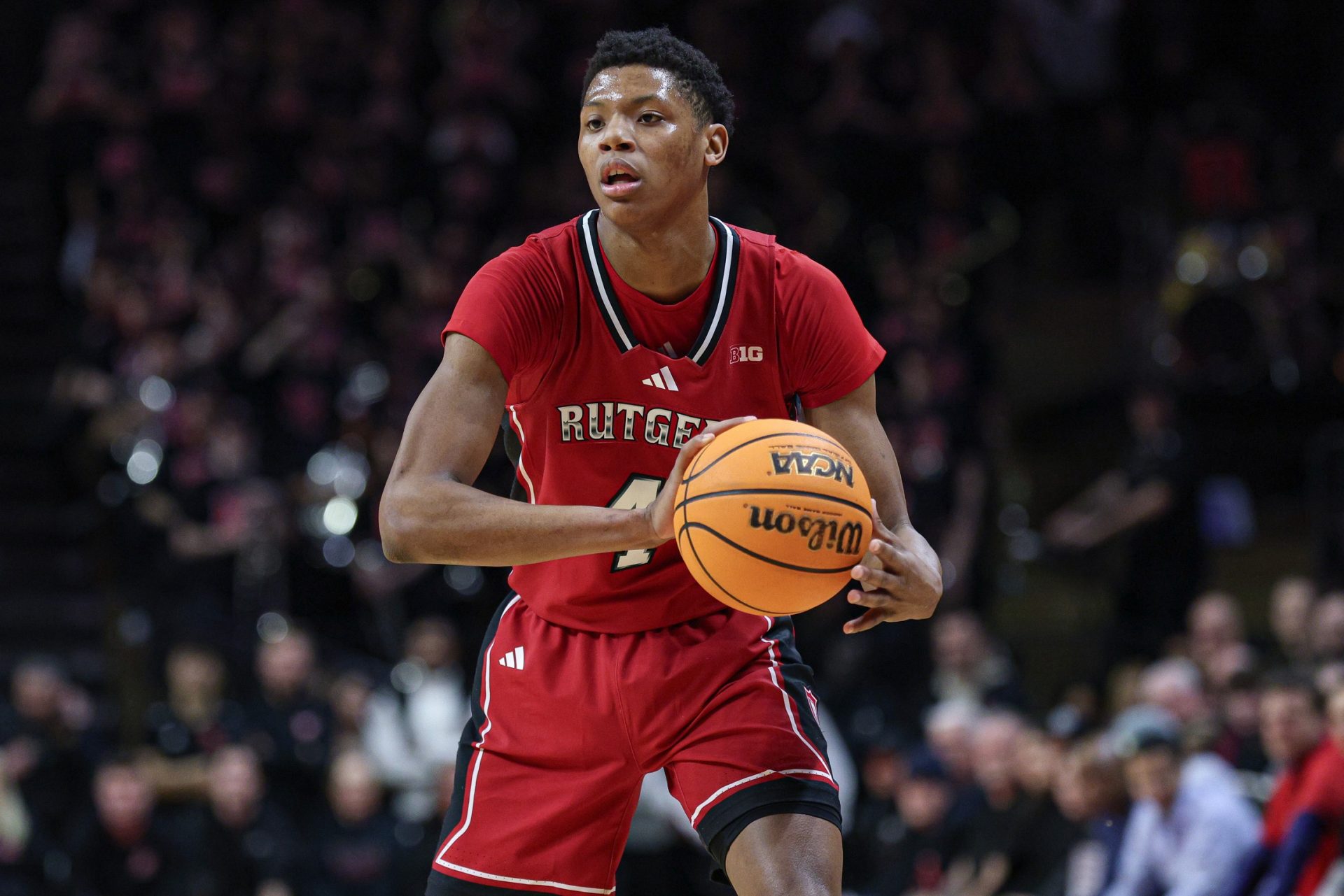 Rutgers Scarlet Knights guard Ace Bailey (4) looks to pass during the second half against the Illinois Fighting Illini at Jersey Mike's Arena.