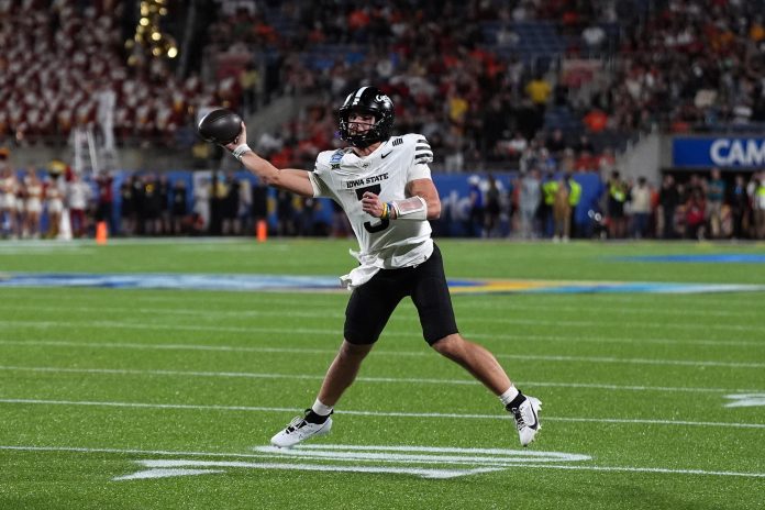 Iowa State Cyclones quarterback Rocco Becht (3) attempts a pass against the Miami Hurricanes during the second half at Camping World Stadium.