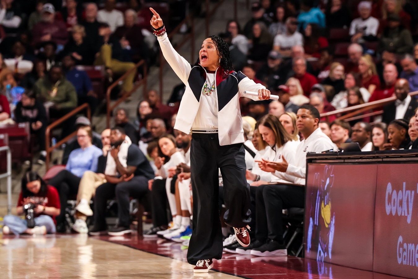 South Carolina Gamecocks head coach Dawn Staley directs her team against the Arkansas Razorbacks in the first half at Colonial Life Arena.