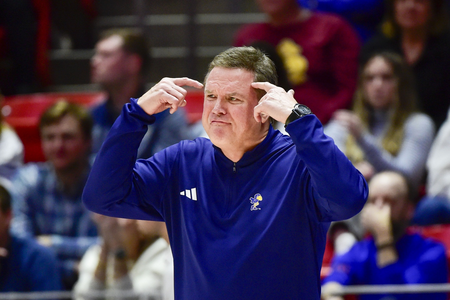 Kansas Jayhawks head coach Bill Self calls a play against the Utah Utes during the first half at the Jon M. Huntsman Center.