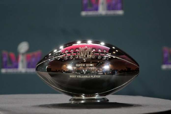 The MVP trophy at the Super Bowl LVIII Winning Head Coach and Most Valuable Player Press Conference at the Super Bowl LVIII media center at the Mandalay Bay North Convention Center.