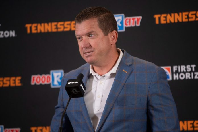 Tennessee athletics director Danny White announces a multi-year branding partnership with Pilot for Neyland Stadium on Tuesday, Aug. 13, 2024.