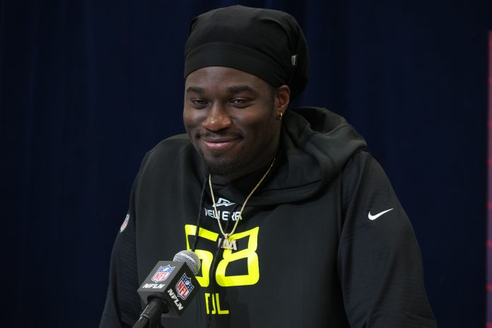 Texas A&M defensive lineman Shemar Stewart (DL68) during the 2025 NFL Scouting Combine at the Indiana Convention Center.