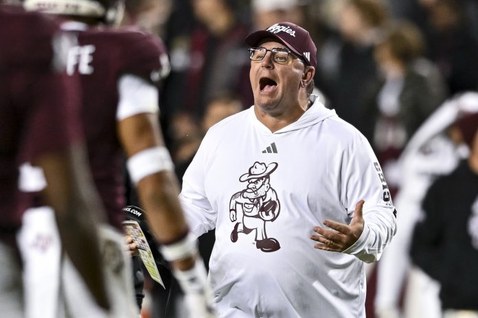 Texas A&M Aggies head coach Mike Elko reacts during the second half against the Texas Longhorns. The Longhorns defeated the Aggies 17-7. at Kyle Field.