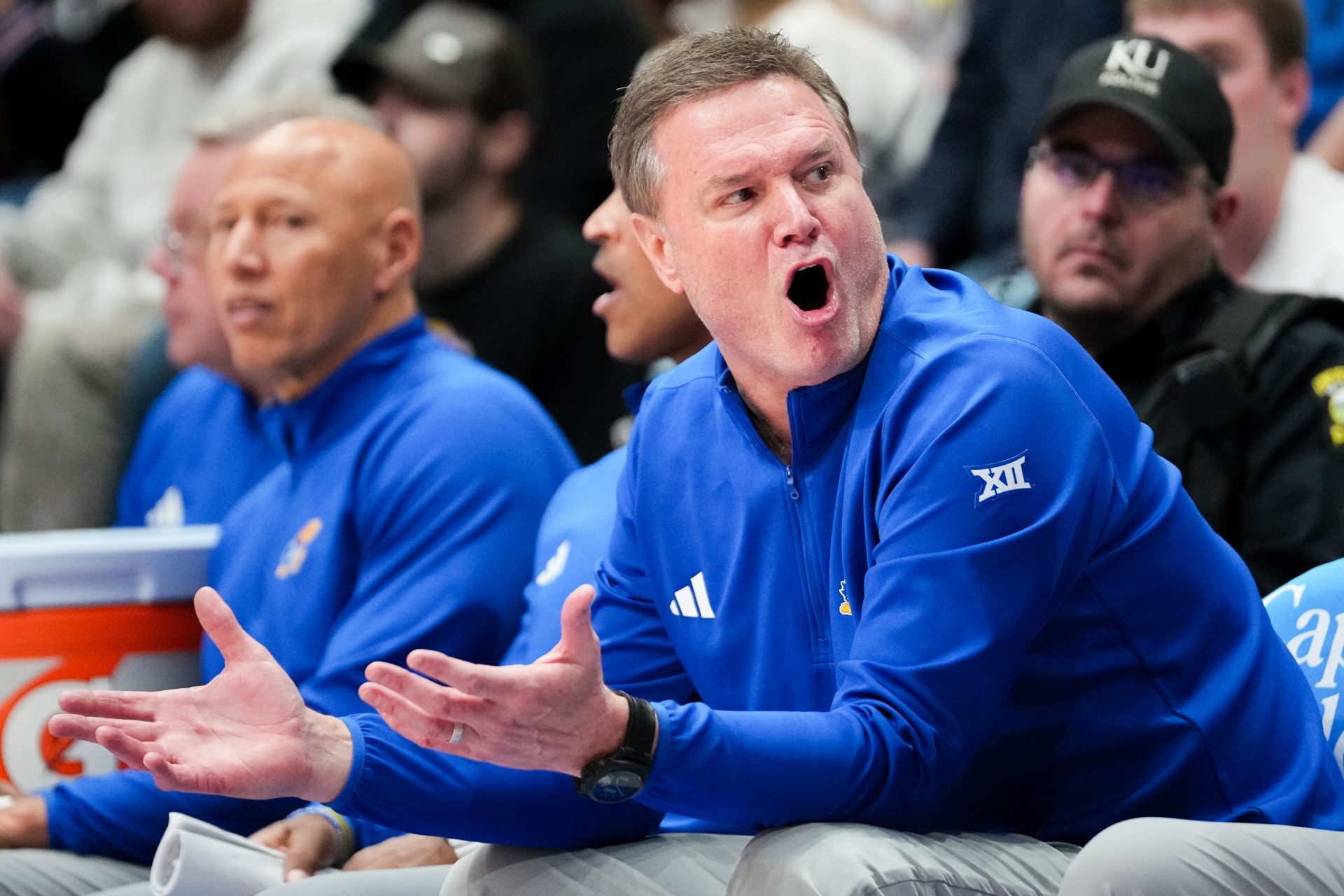 Kansas Jayhawks head coach Bill Self reacts to play against the Oklahoma State Cowboys during the second half at Allen Fieldhouse.