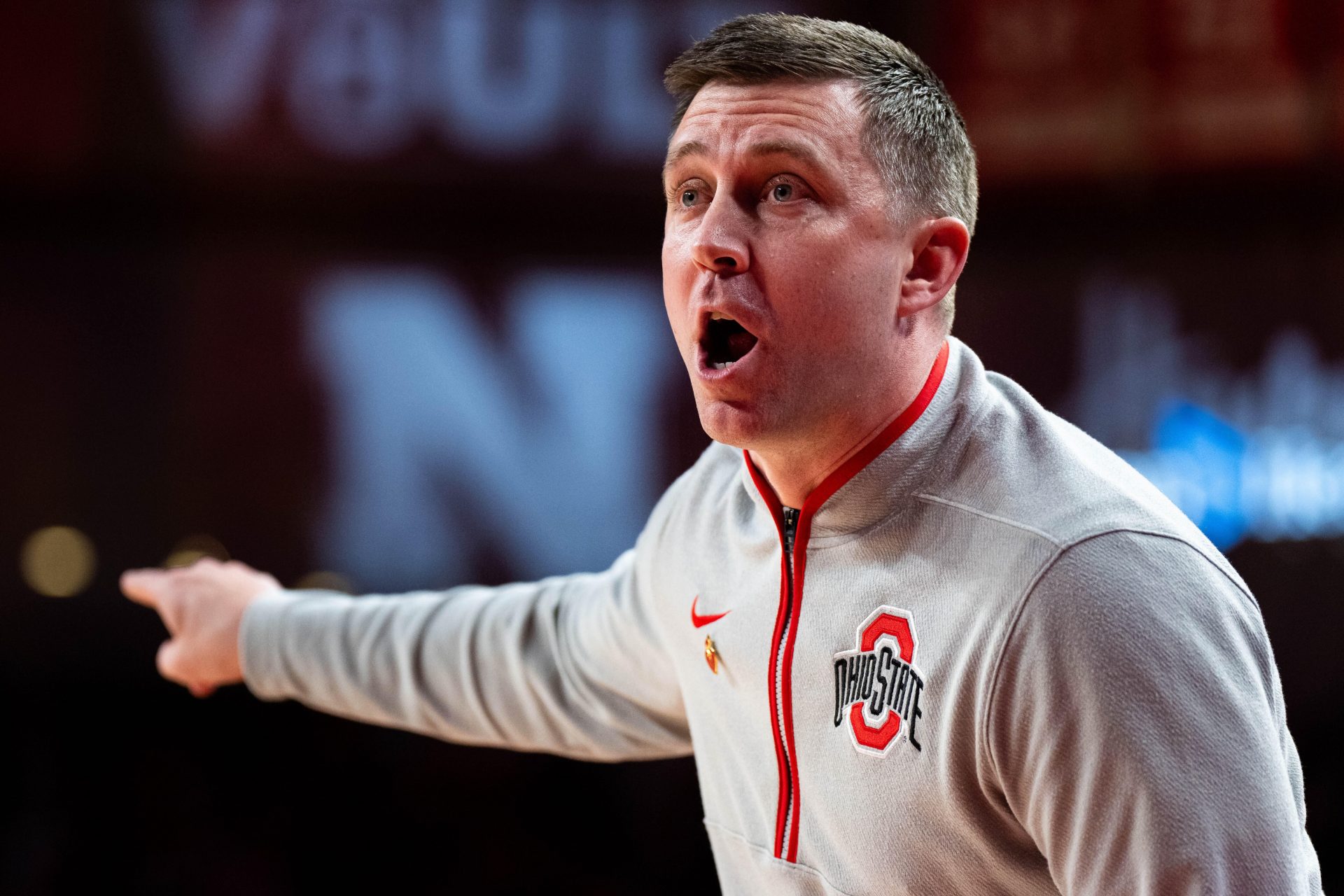 Ohio State Buckeyes head coach Jake Diebler reacts after a call during the first half against the Nebraska Cornhuskers at Pinnacle Bank Arena.