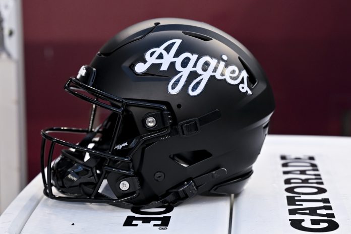 A detail view of a Texas A&M Aggies helmet on the sideline prior to the game against the LSU Tigers at Kyle Field.