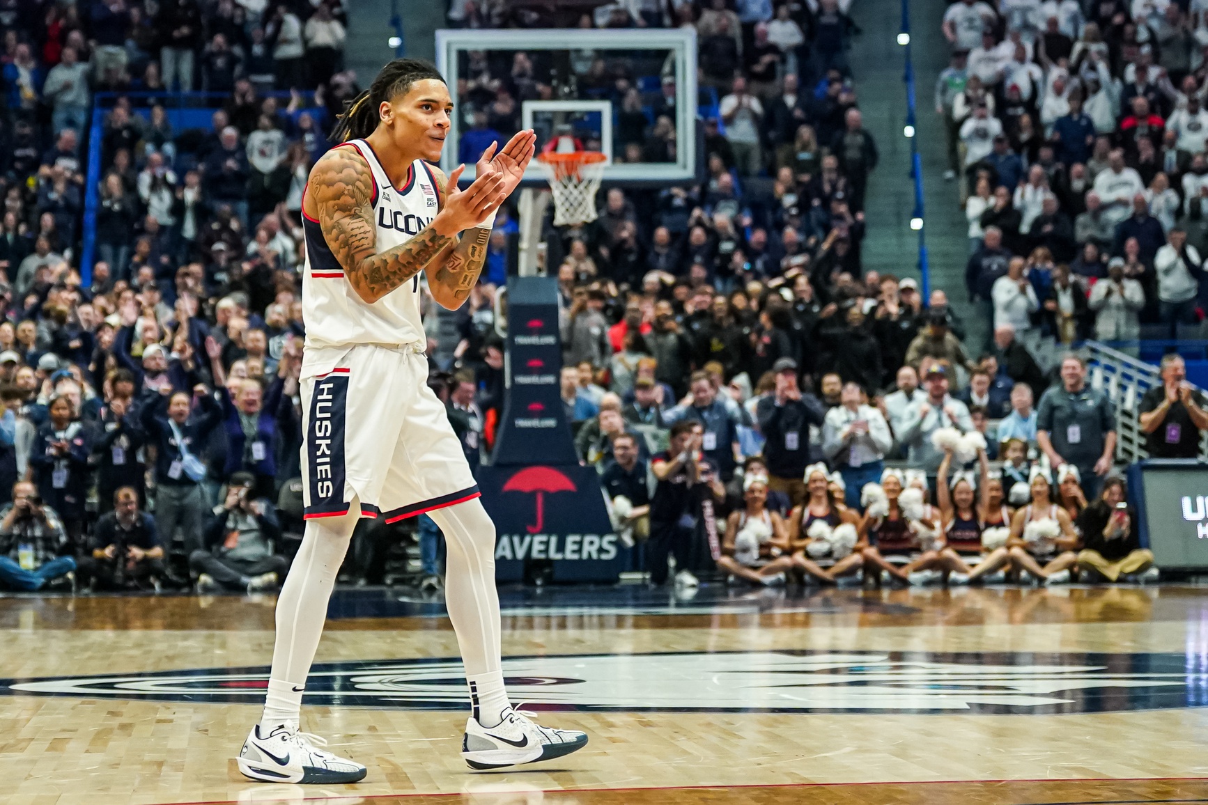 UConn Huskies guard Solo Ball (1) reacts after a play against the Villanova Wildcats in the second half at XL Center.