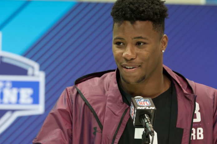 enn State Nittany Lions running back Saquon Barkley speaks to the media during the 2018 NFL Combine at the Indianapolis Convention Center.