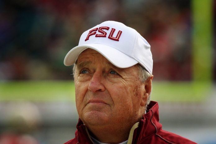 Legendary Florida State University football coach Bobby Bowden looks up at the replay screen during his final game against West Virginia at Jacksonville Municipal Stadium for the Gator Bowl