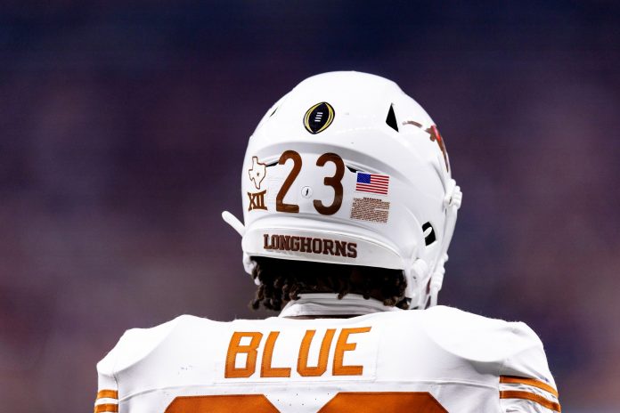 A detail view of the helmet worn by Texas Longhorns running back Jaydon Blue (23) during the second quarter of the 2024 Sugar Bowl college football playoff semifinal game at Caesars Superdome.