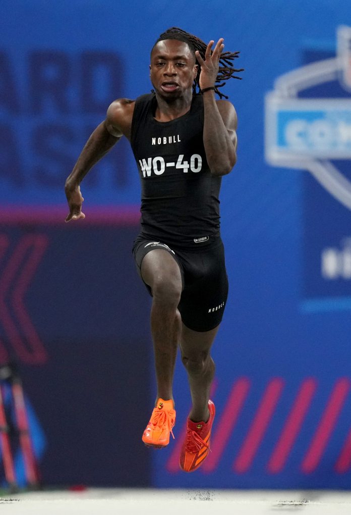 Texas wide receiver Xavier Worthy (WO40) during the 2024 NFL Combine at Lucas Oil Stadium.