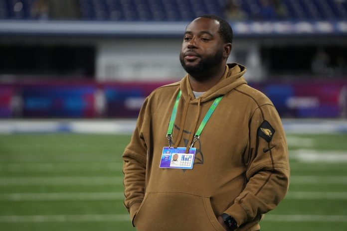 Arizona Cardinals scout Chad Jenkins during the 2024 NFL Combine at Lucas Oil Stadium.