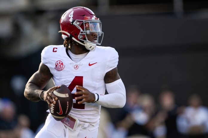 Alabama Crimson Tide quarterback Jalen Milroe (4) stands in the pocket against the Vanderbilt Commodores during the first half at FirstBank Stadium.