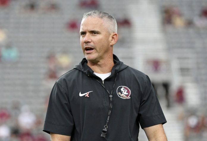 Florida State Seminoles head coach Mike Norvell reacts before the game against the Clemson Tigers at Doak S. Campbell Stadium.