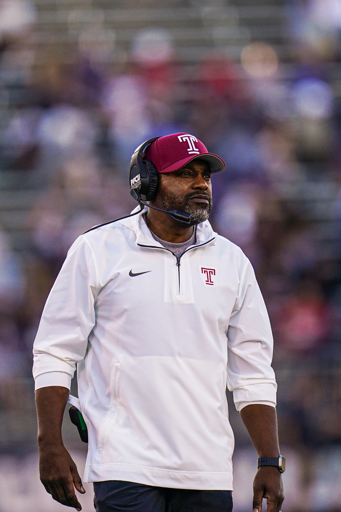 Temple Owls head coach Stan Drayton watches from the sideline as they take on the Connecticut Huskies at Rentschler Field at Pratt & Whitney Stadium.