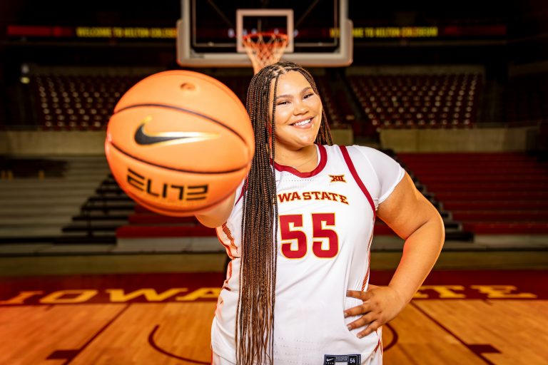 Audi Crooks stands for a photo during Iowa State women’s basketball media day Oct. 8 at Hilton Coliseum in Ames.