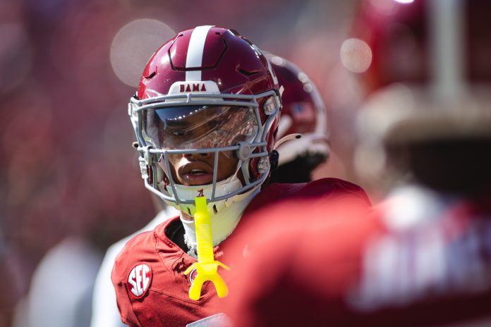 Alabama Crimson Tide wide receiver Ryan Williams (2) lines up with his teammates during warmups before a game against the Missouri Tigers at Bryant-Denny Stadium.