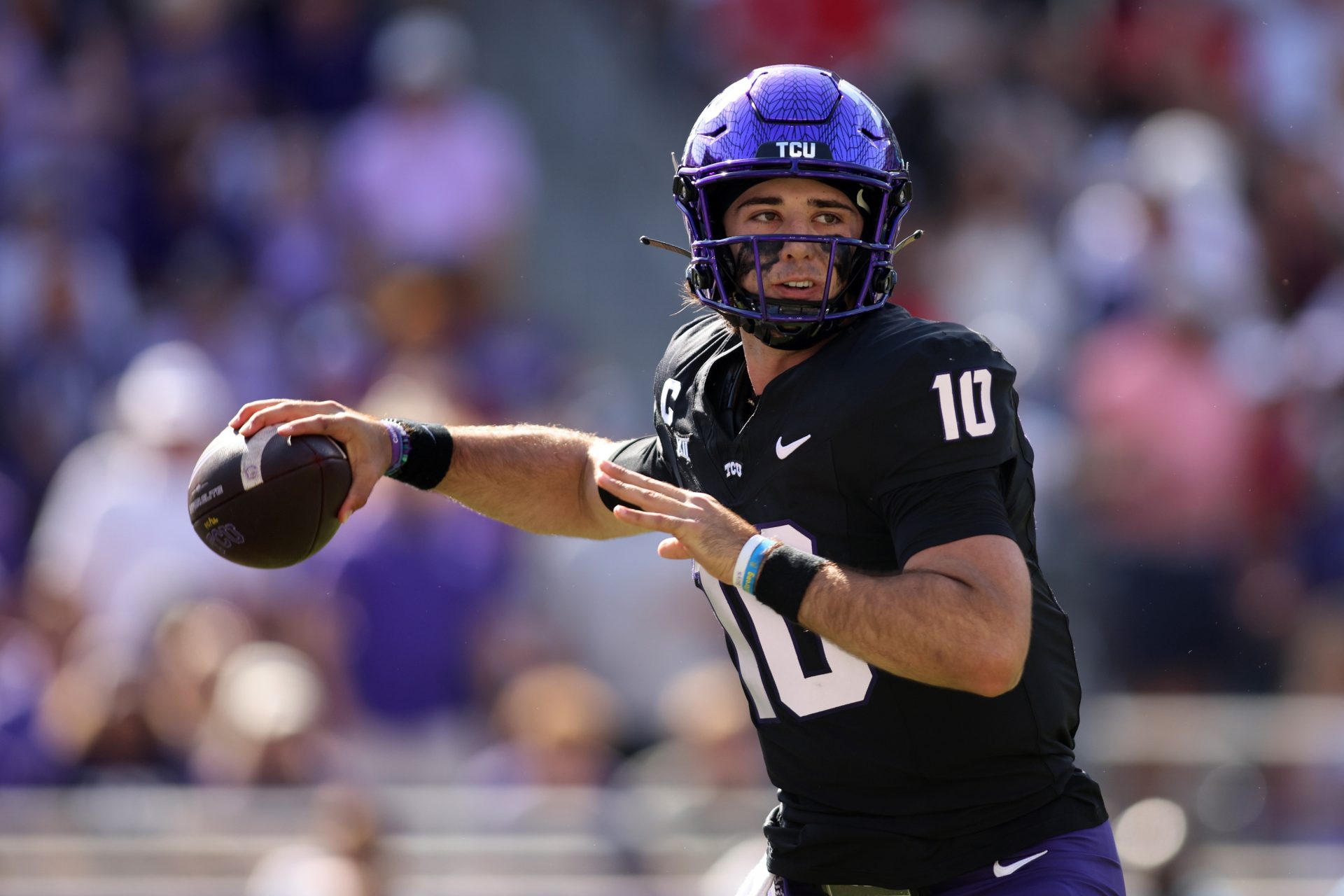 TCU Horned Frogs quarterback Josh Hoover (10) throws a pass against the Texas Tech Red Raiders in the first quarter at Amon G. Carter Stadium.