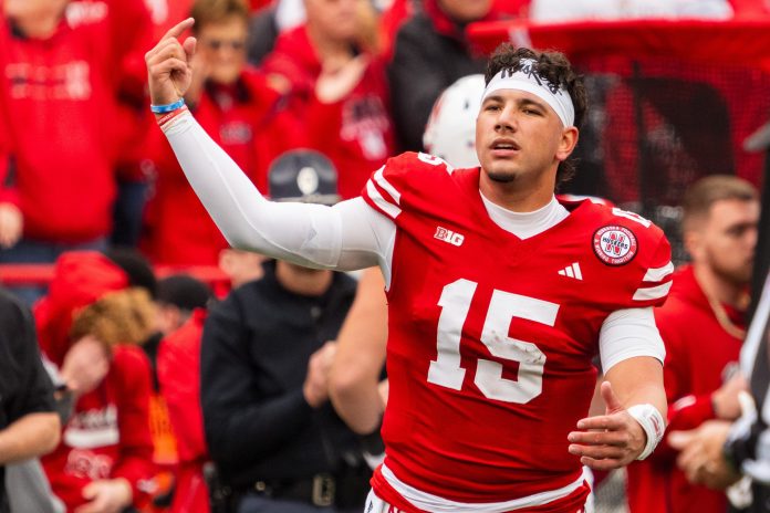 Nebraska Cornhuskers quarterback Dylan Raiola (15) celebrates after a touchdown against the UCLA Bruins during the second quarter at Memorial Stadium.